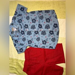 Blue Floral Shirt and Red Shorts Set